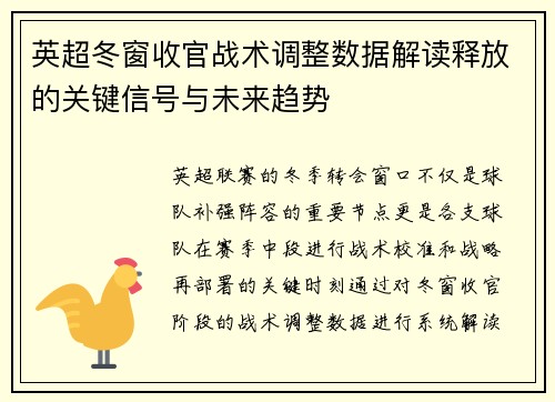 英超冬窗收官战术调整数据解读释放的关键信号与未来趋势